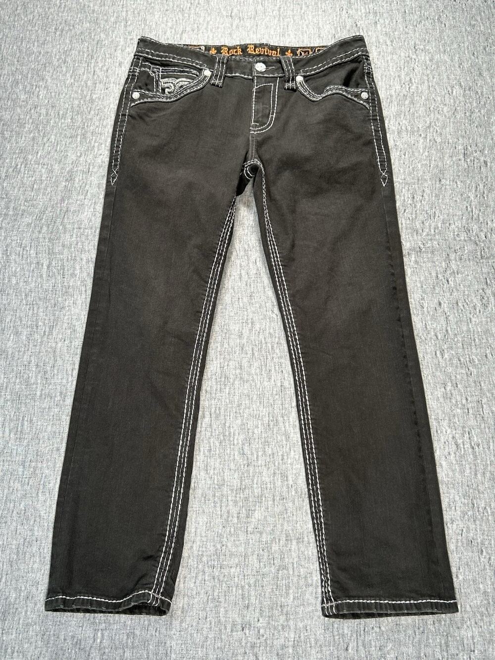 Rock Revival Jeans Mens 34x30.5 Black Emory Straight Stretch Embroidered